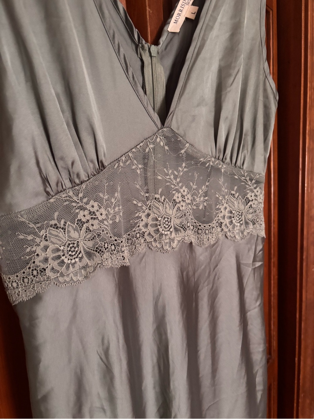 90s/ 2000s style Silk-Blend Lace Trim Slip Dress in Dusty Grey/ Blue